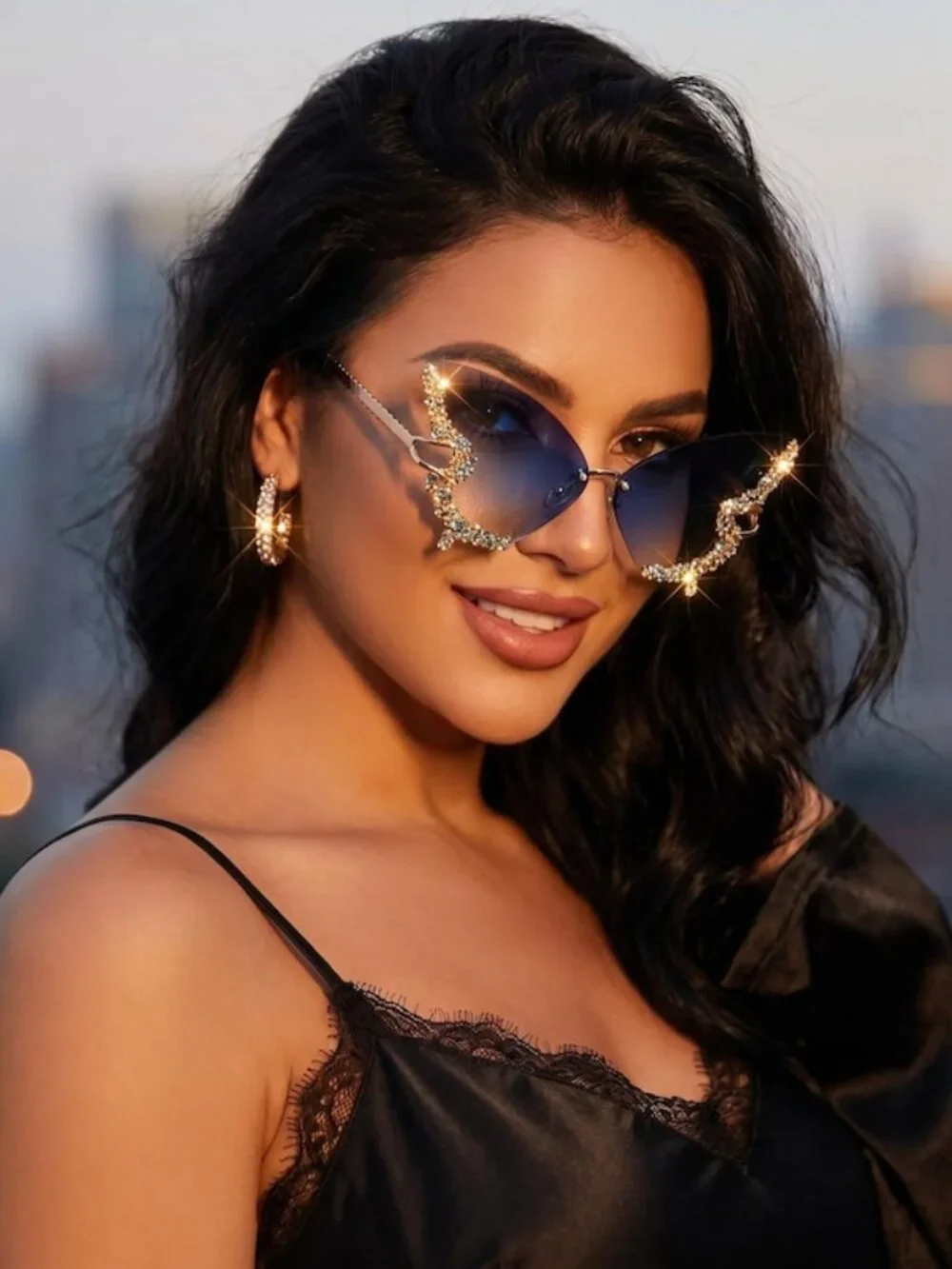 Rhinestone Butterfly Sunglasses - Blue Oversized Crystal Shades
